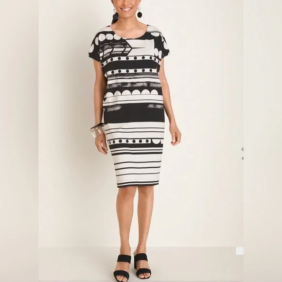 chico's black and white dress Travelers Knit New Bloom Day Dress